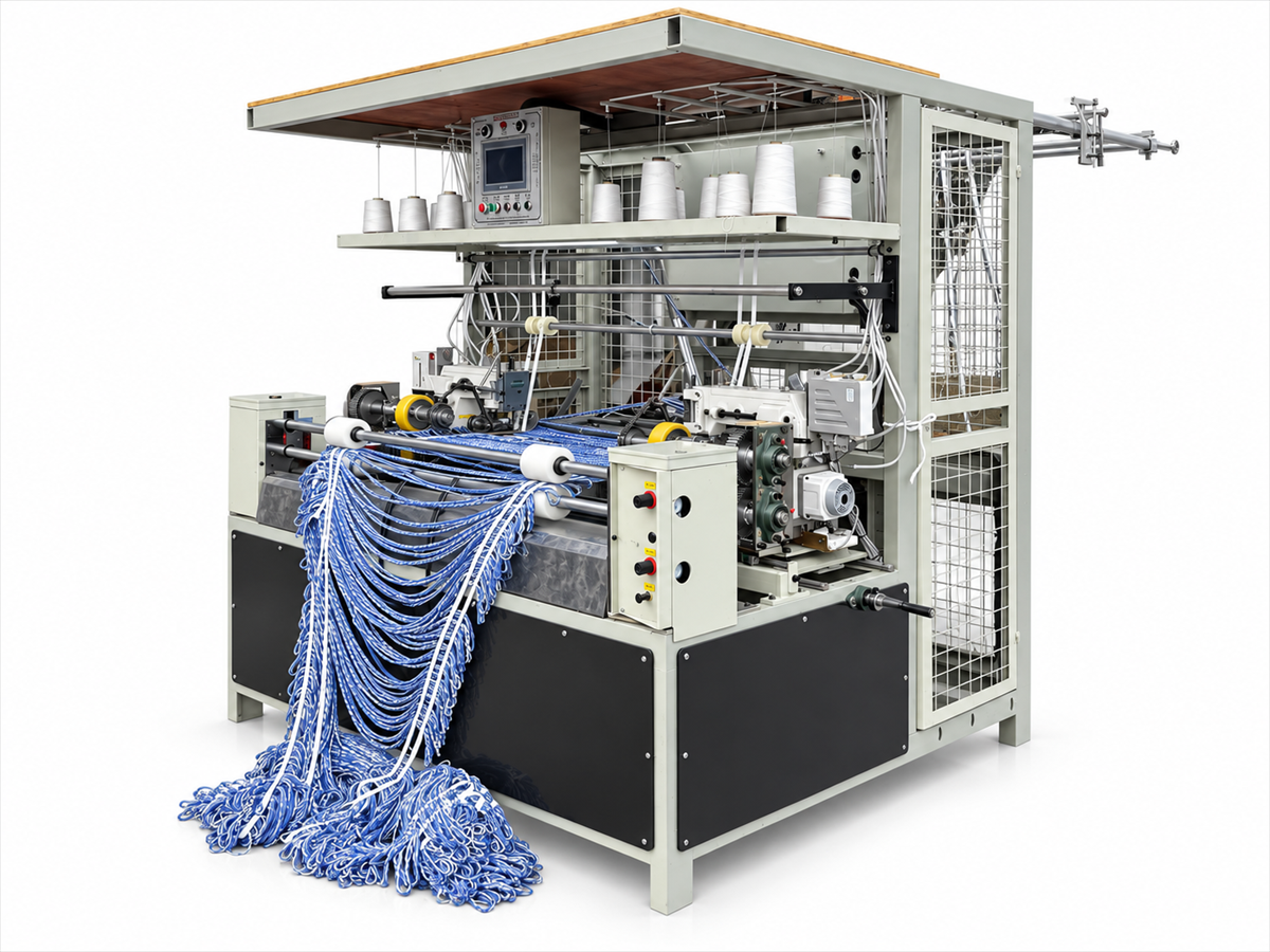 Automatic loop mop making machine with blue and white mop yarn on a clean white background